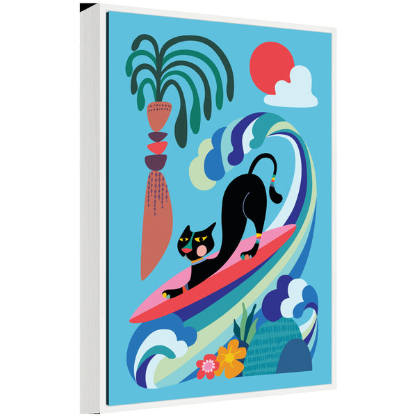kate & laurel Sylvie Vibrant Whimsical Ocean Surf Cat Framed Canvas by Rachel Lee