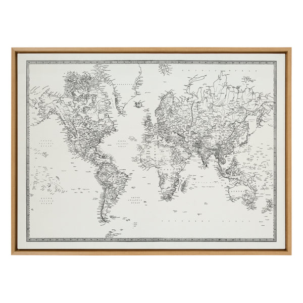Kate & Laurel Sylvie Vintage Black And White World Map Framed Canvas By The Creative Bunch Studio