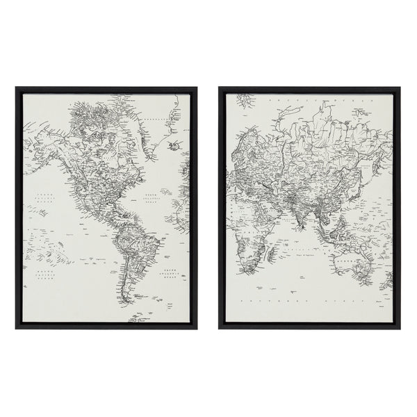 Kate & Laurel Sylvie Vintage Black And White World Map Framed Canvas Set By The Creative Bunch Studio