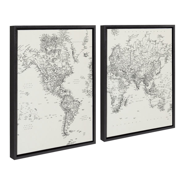 Kate & Laurel Sylvie Vintage Black And White World Map Framed Canvas Set By The Creative Bunch Studio