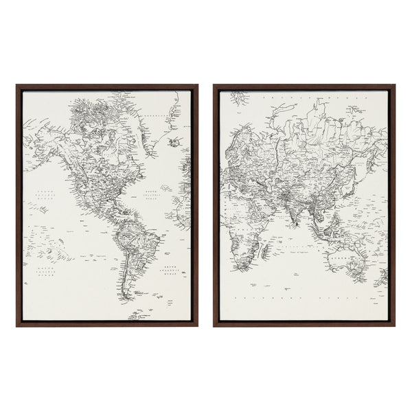 kate & laurel Sylvie Vintage Black and White World Map Framed Canvas Set by The Creative Bunch Studio