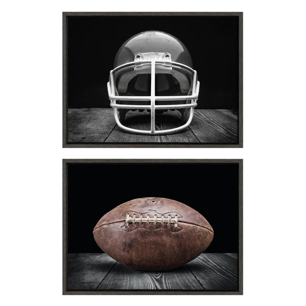 Kate & Laurel Sylvie Vintage Football Helmet On Black And Vintage Football On Black Framed Canvas Art Set By Saint And Sailor Studios