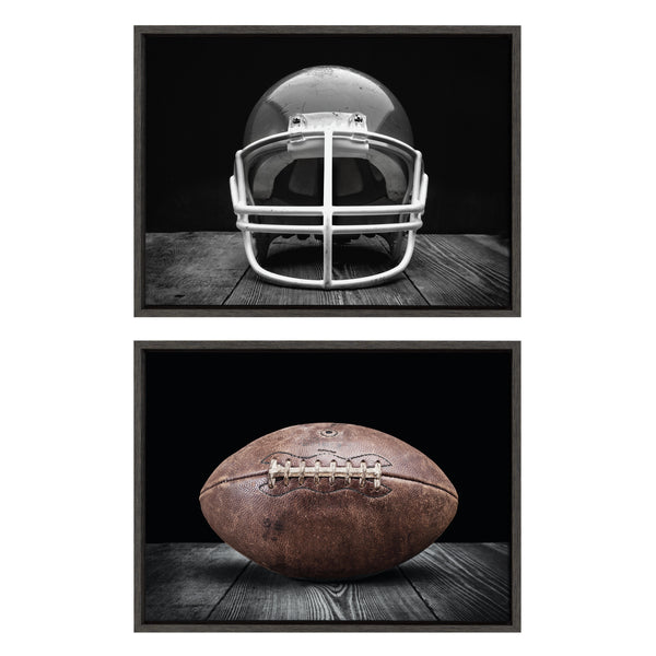 kate & laurel Sylvie Vintage Football Helmet on Black and Vintage Football on Black Framed Canvas Art Set by Saint and Sailor Studios
