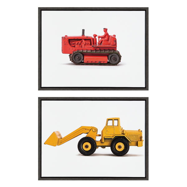 Kate & Laurel Sylvie Vintage Toy Bulldozer Red And Vintage Toy Front End Loader Yellow Framed Canvas Art Set By Saint And Sailor Studios