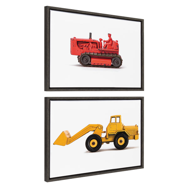 Kate & Laurel Sylvie Vintage Toy Bulldozer Red And Vintage Toy Front End Loader Yellow Framed Canvas Art Set By Saint And Sailor Studios