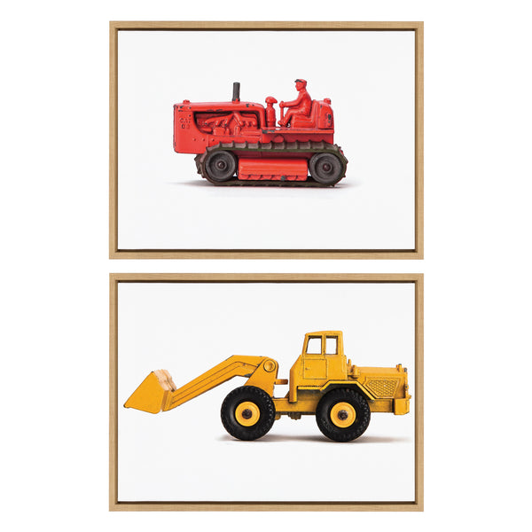 kate & laurel Sylvie Vintage Toy Bulldozer Red and Vintage Toy Front End Loader Yellow Framed Canvas Art Set by Saint and Sailor Studios
