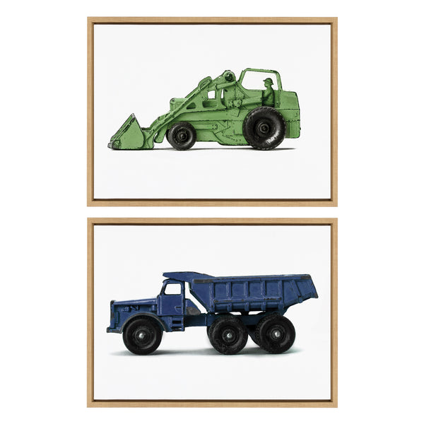kate & laurel Sylvie Vintage Toy Tractor Green and Vintage Toy Dump Truck Blue Framed Canvas Art Set by Saint and Sailor Studios