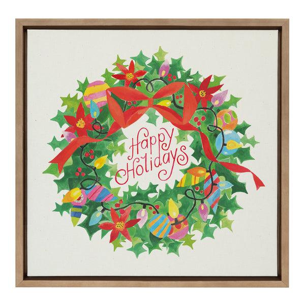 Kate & Laurel Sylvie Xmas Wreath Happy Holidays Framed Canvas By Shannon Snow