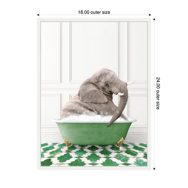 Kate & Laurel Sylvie Young Elephant In Eclectic Green Panel Wall Bathtub Framed Canvas By Amy Peterson