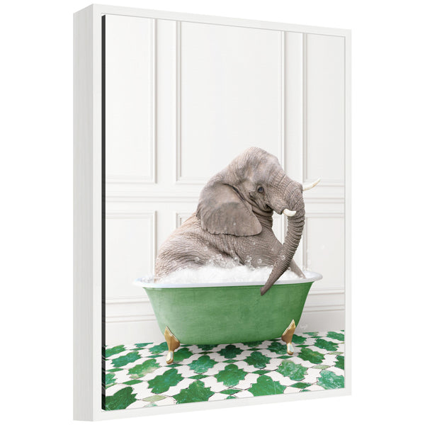 kate & laurel Sylvie Young Elephant in Eclectic Green Panel Wall Bathtub Framed Canvas by Amy Peterson