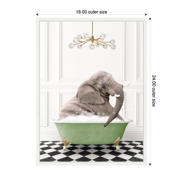 Kate & Laurel Sylvie Young Elephant In Green Bathtub Checker Floor Framed Canvas By Amy Peterson