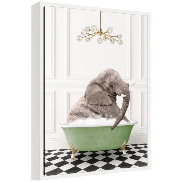 kate & laurel Sylvie Young Elephant in Green Bathtub Checker Floor Framed Canvas by Amy Peterson