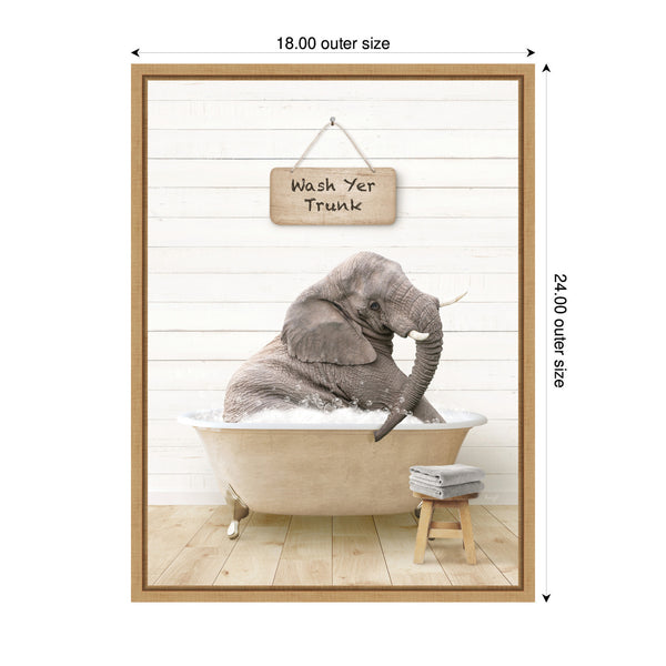 Kate & Laurel Sylvie Young Elephant In Modern Bathtub Wash Your Trunk Framed Canvas By Amy Peterson