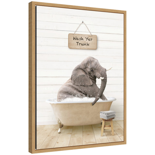 kate & laurel Sylvie Young Elephant in Modern Bathtub Wash Your Trunk Framed Canvas by Amy Peterson