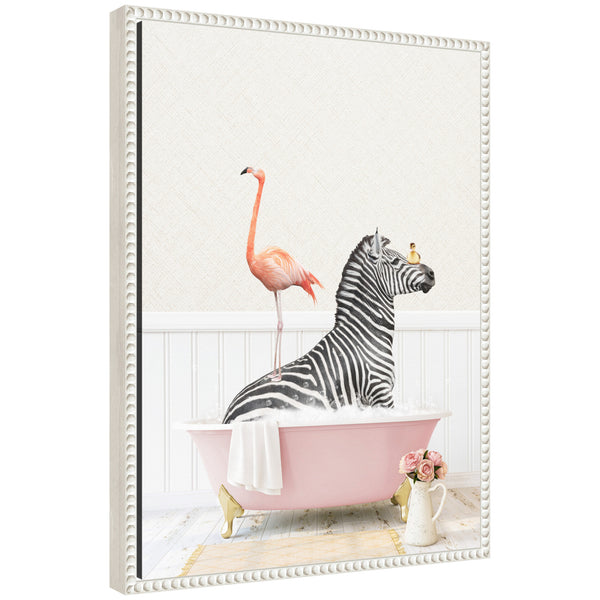 Kate & Laurel Sylvie Zebra And Flamingo In Cottage Rose Bathtub Framed Canvas By Amy Peterson