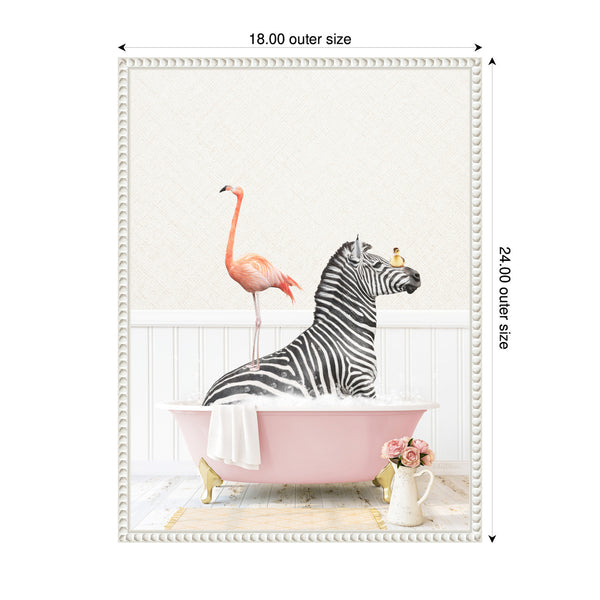 Kate & Laurel Sylvie Zebra And Flamingo In Cottage Rose Bathtub Framed Canvas By Amy Peterson