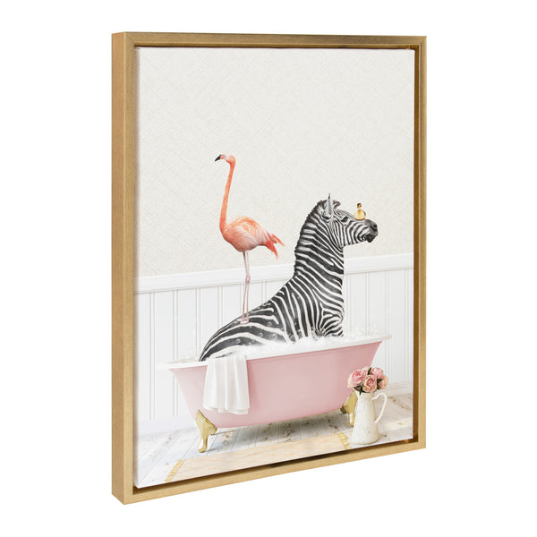 kate & laurel Sylvie Zebra and Flamingo in Cottage Rose Bathtub Framed Canvas by Amy Peterson