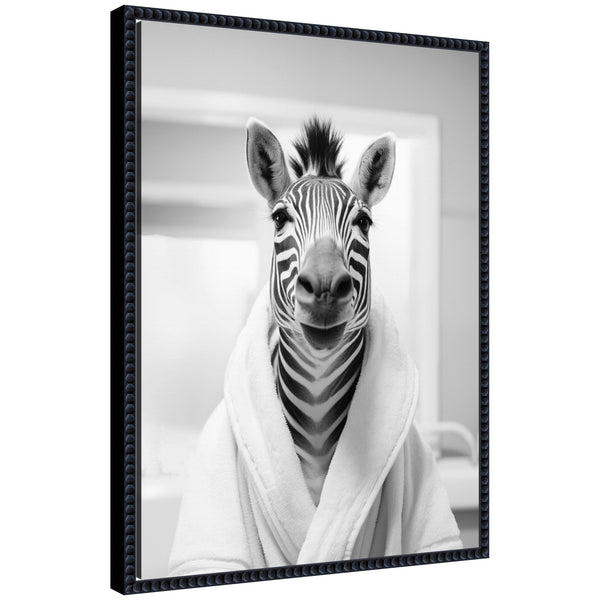 kate & laurel Sylvie Zebra Bathroom Art Towel Robe Black and White Framed Canvas by The Creative Bunch Studio