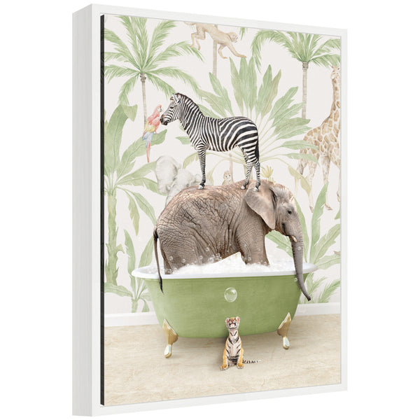 kate & laurel Sylvie Zebra Elephant and Weasel in Wild Safari Bathtub Framed Canvas by Amy Peterson