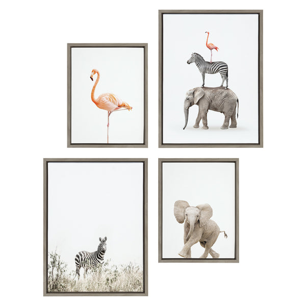 Kate & Laurel Sylvie Zebra In Tall Grass Flamingo Standing Baby Elephant Walk And Stacked Safari Animals Framed Canvas Art Set By Amy Peterson Art Studio