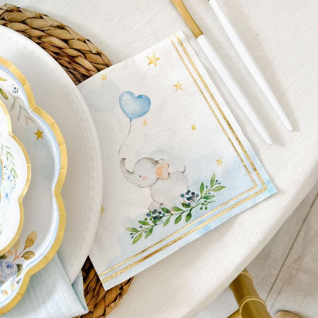 kate aspen Elephant Baby Shower 2 Ply Paper Napkins - Blue (Set of 30)