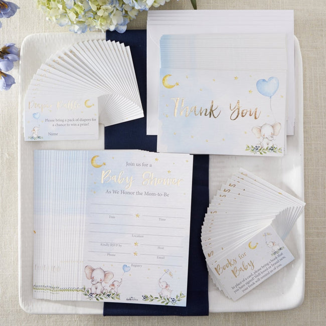 kate aspen Elephant Baby Shower Invitation & Thank You Card Bundle - Blue (Set of 25)