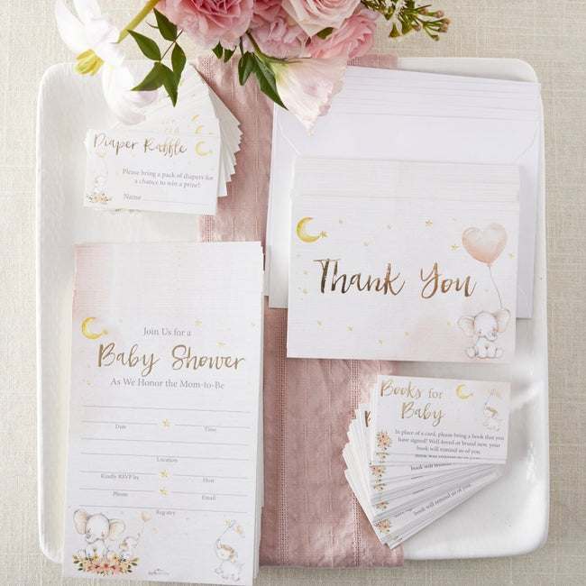 kate aspen Elephant Baby Shower Invitation & Thank You Card Bundle - Pink (Set of 25)
