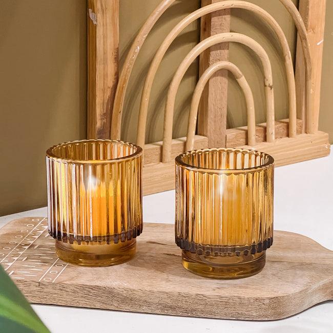 Kate Aspen Ribbed Amber Glass Votive Candle Holder (Set Of 6)