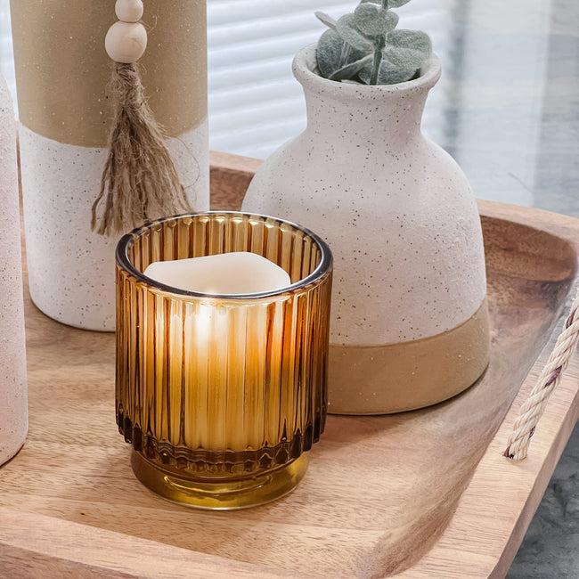 Kate Aspen Ribbed Amber Glass Votive Candle Holder (Set Of 6)