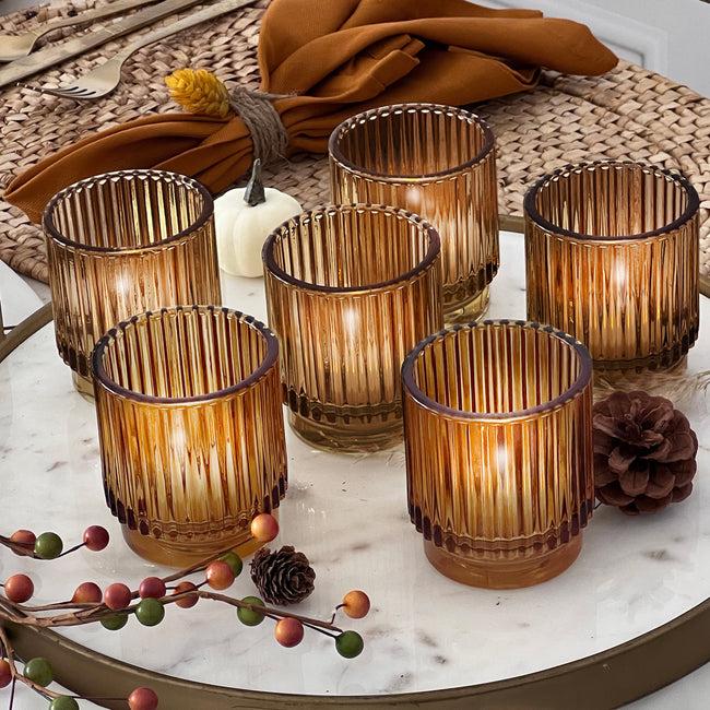 kate aspen Ribbed Amber Glass Votive Candle Holder (Set of 6)