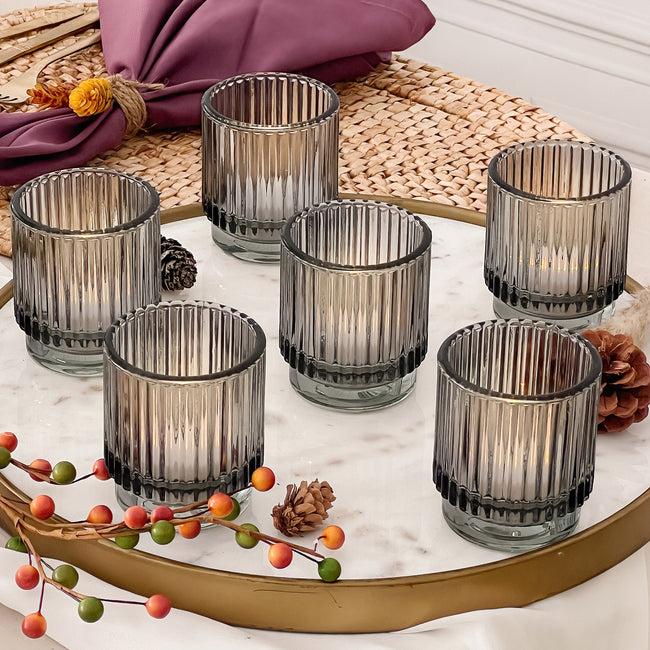 kate aspen Ribbed Smoke Gray Glass Votive Candle Holder (Set of 6)