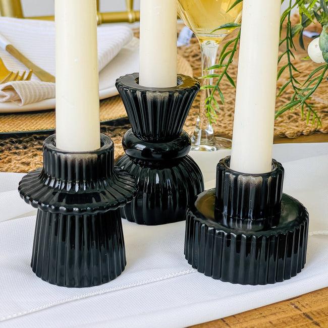 Kate Aspen Vintage Ribbed Black Glass Candle/Candlestick Holders Set Of 6 - Assorted