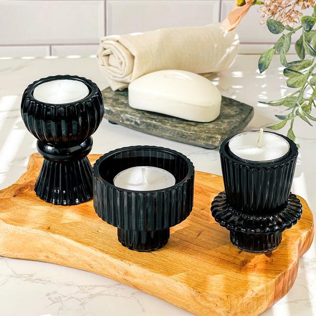 Kate Aspen Vintage Ribbed Black Glass Candle/Candlestick Holders Set Of 6 - Assorted