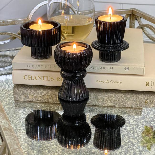 Kate Aspen Vintage Ribbed Black Glass Candle/Candlestick Holders Set Of 6 - Assorted