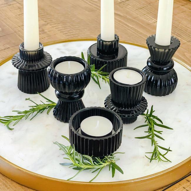 kate aspen Vintage Ribbed Black Glass Candle/Candlestick Holders Set of 6 - Assorted