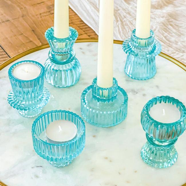 kate aspen Vintage Ribbed Blue Glass Candle/Candlestick Holders Set of 6 - Assorted