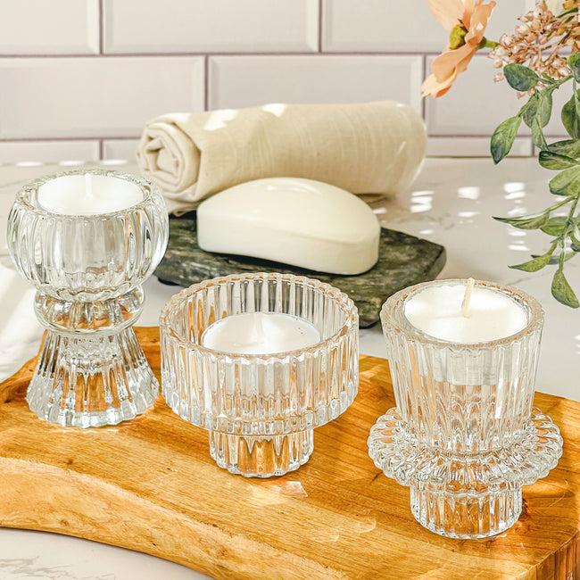 Kate Aspen Vintage Ribbed Glass Clear Candle/Candlestick Holders Set Of 6 - Assorted