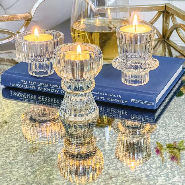 Kate Aspen Vintage Ribbed Glass Clear Candle/Candlestick Holders Set Of 6 - Assorted