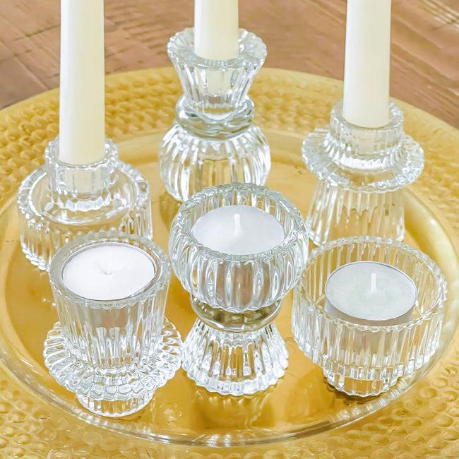 kate aspen Vintage Ribbed Glass Clear Candle/Candlestick Holders Set of 6 - Assorted