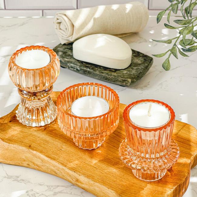 Kate Aspen Vintage Ribbed Glass Rose Gold Candle/Candlestick Holders Set Of 6 - Assorted