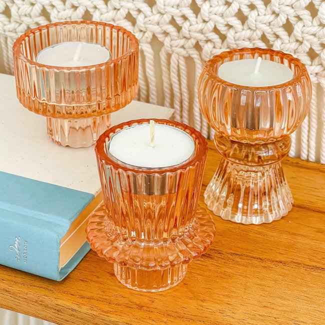 Kate Aspen Vintage Ribbed Glass Rose Gold Candle/Candlestick Holders Set Of 6 - Assorted