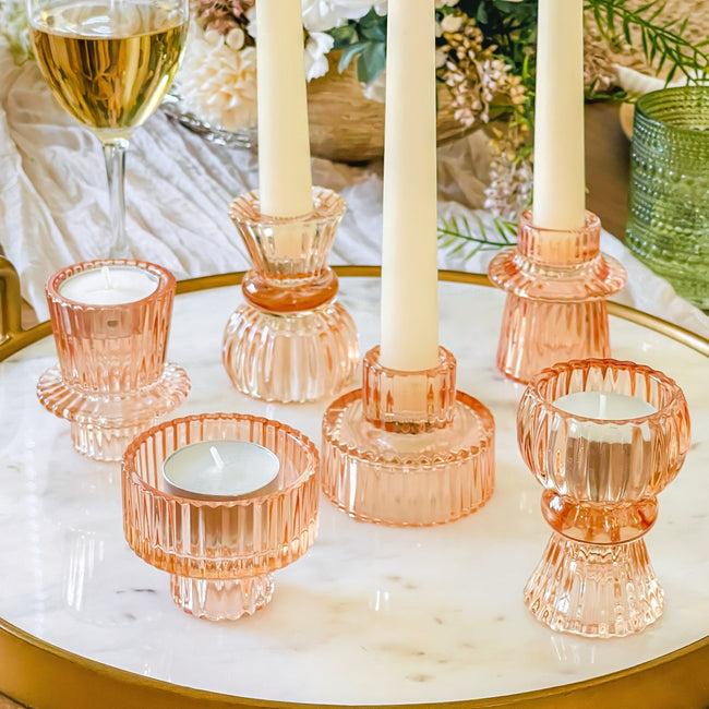 kate aspen Vintage Ribbed Glass Rose Gold Candle/Candlestick Holders Set of 6 - Assorted