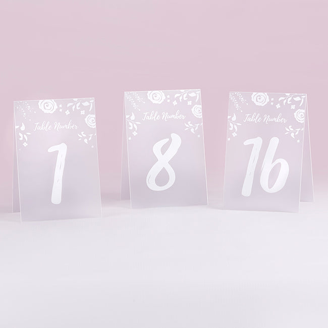 kate aspen White Frosted Floral Tented Table Numbers (1-18)