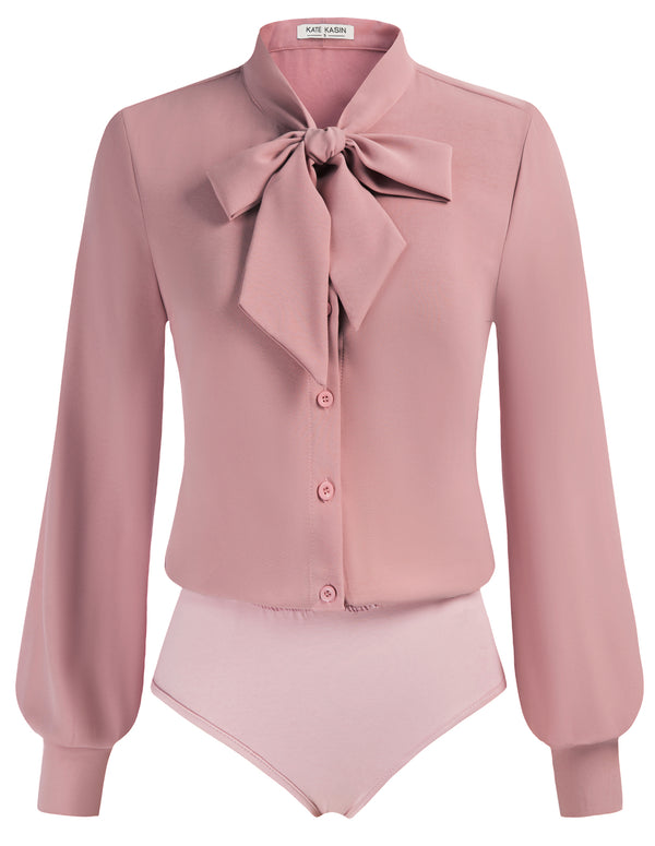 Kate Aspen Bow-Knot Decorated Bodysuit Long Sleeve Elastic Waist Shirt