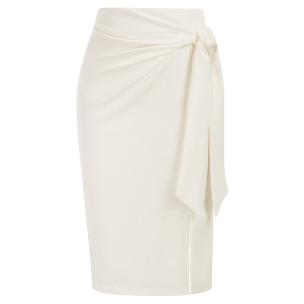 Kate Aspen Bow-Knot Decorated Skirt High Waist Side Slit Bodycon Skirt
