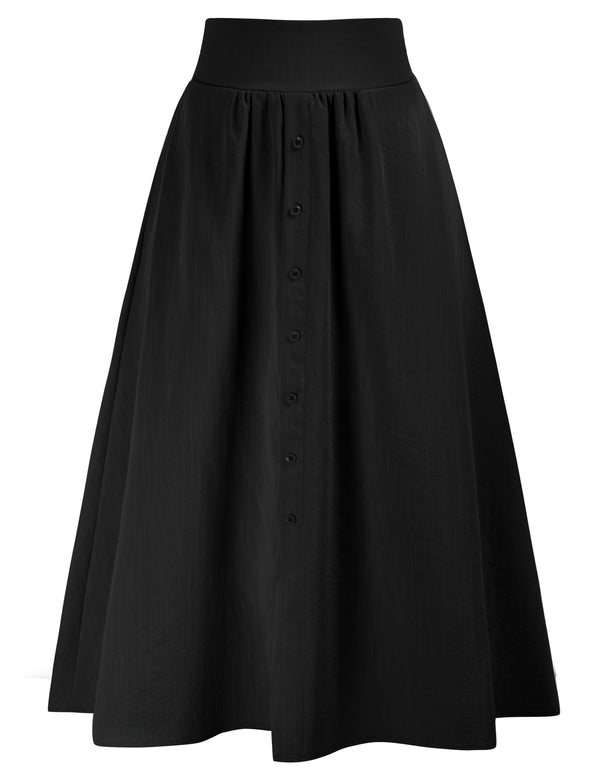 Kate Aspen Front Slit Skirt Elastic High Waist Buttons Decorated A-Line Skirt