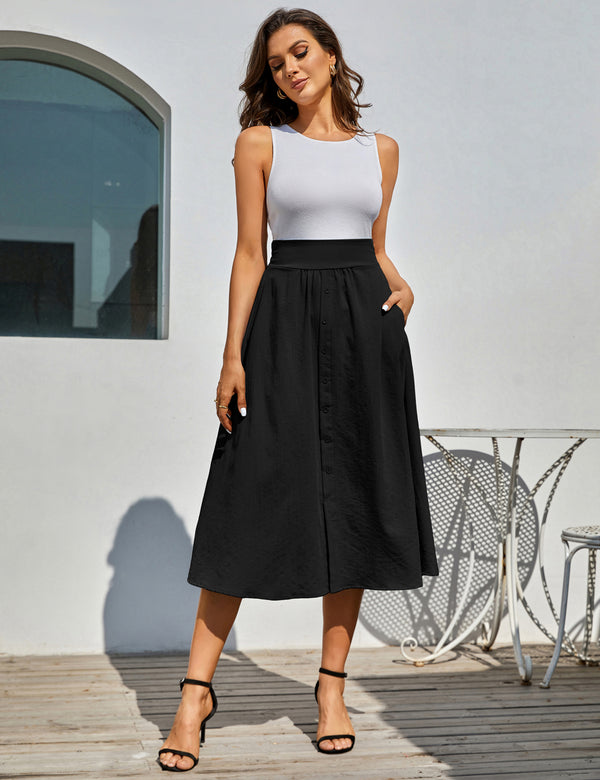 kate aspen Front Slit Skirt Elastic High Waist Buttons Decorated A-Line Skirt
