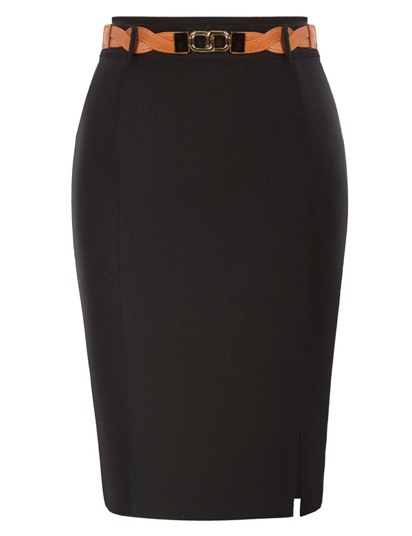 Kate Aspen Front Slit Skirt With Belt High Waist Hip-Wrapped Bodycon Skirt
