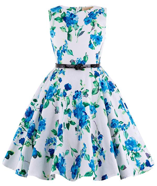 Kate Aspen Girls Sleeveless Round Neck Vintage Retro Cotton Floral Dress