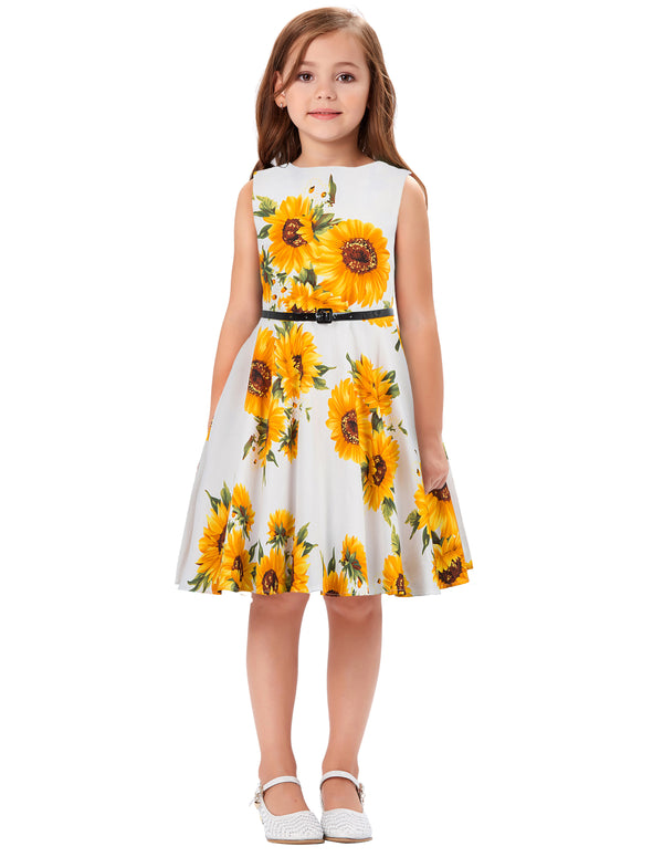 Kate Aspen Girls Sleeveless Round Neck Vintage Retro Cotton Floral Dress